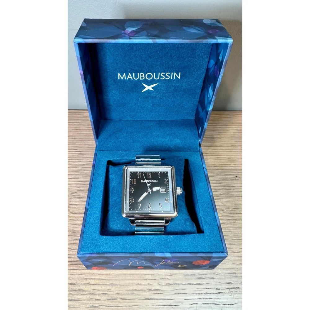Mauboussin Viril XXL Watch Stainless Steel Date Square works w/Box & New Battery